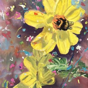 A Bumble Bee settles on a bright yellow flower surrounded by splashes of colour.