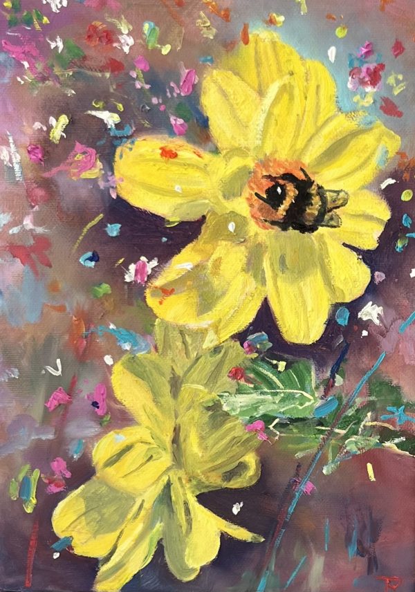 A Bumble Bee settles on a bright yellow flower surrounded by splashes of colour.