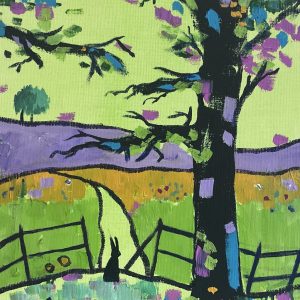 Oil painting on canvas. A silhouette of a hare staring down a path.