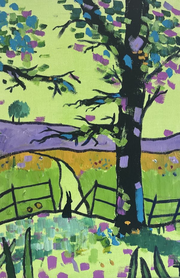 Oil painting on canvas. A silhouette of a hare staring down a path.